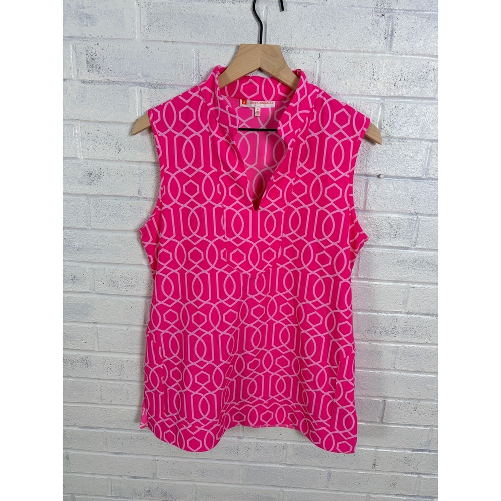 Jude Connally Sleeveless Top Womens M Pink Geometric Split Neck Stretch Golf